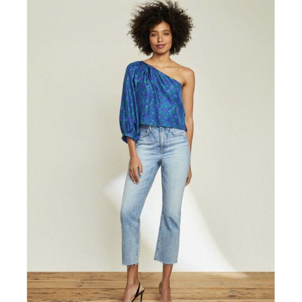 Veronica Beard Lyric Top Women 12 Blue Floral One Shoulder Silk Blouse Luxury
